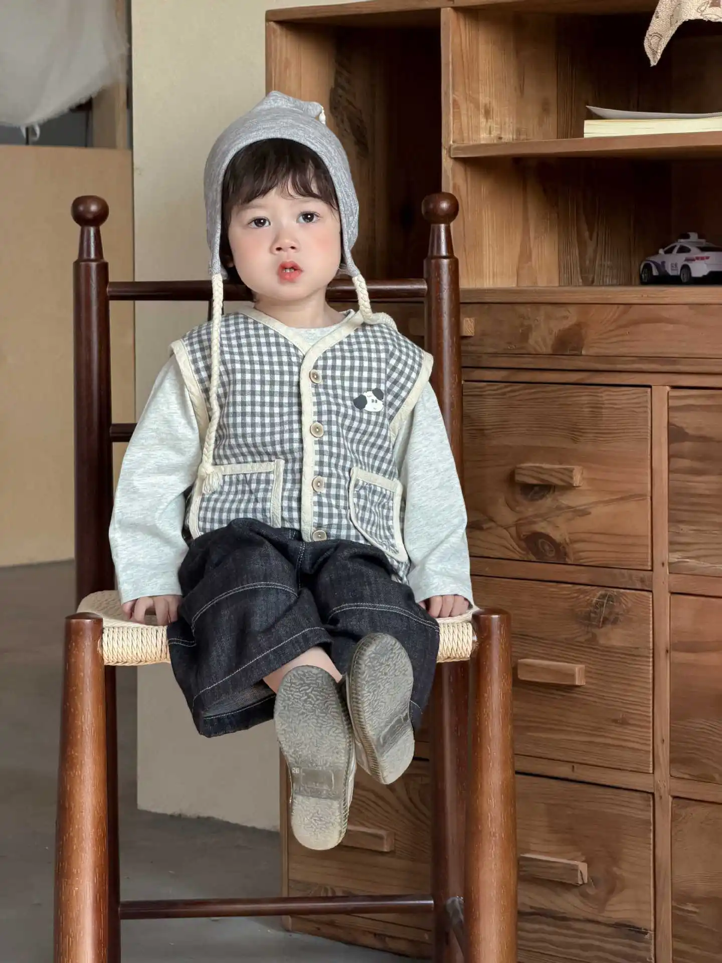 2026 봄 신상 민소매 체크 조끼 면 소재 남아 패션 캐주얼 조끼 재킷 여아 가디건 코트 복