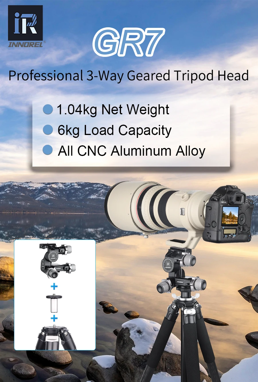 INNOREL GR7 CNC Aluminiumlegierung Hochpräziser 3-Wege-Getriebe-Stativkopf Tragfähigkeit 6kg Gewicht 1,05kg für Fotografie-Kameras – Detail 1