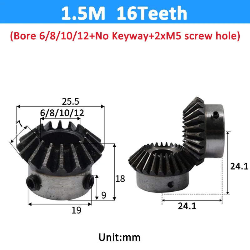 Electric Bike Gear Motor Gear Transmission Gear 1pc Bevel Gear 1.5M 12/16/18/20/25 Teeth Bore 6/8/10/12/14/15/16mm 90 Degrees Meshing Angle Steel Gears Screw M5 No Keyway