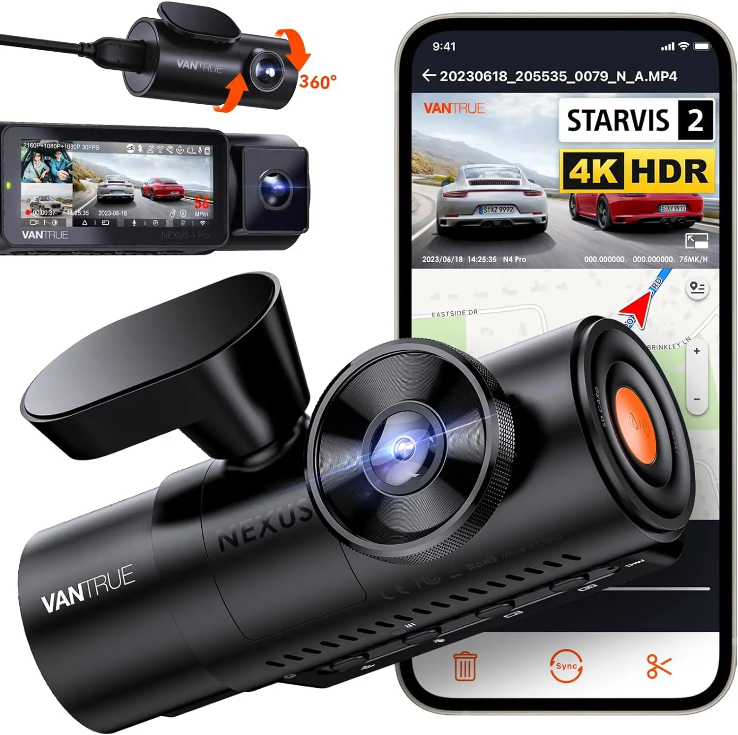 Vantrue N4 Pro 3 Channel 4K WiFi Dash Cam, STARVIS 2 IMX678 Night Vision, 4K+1080P+1080P Front Inside and Rear Triple Car Camera