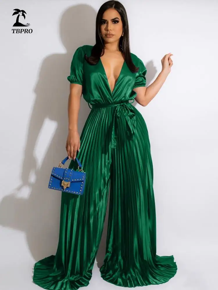

Elegant Satin Jumpsuit Women Sexy V-Neck Short Sleeve Tie Pleated Bodysuit 2022 New Fashion Emale High Waist Wide Leg Jumpsuit