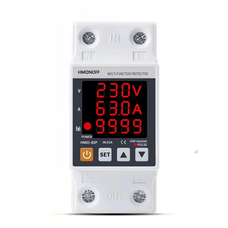 

63A 230V 3IN1 Display Din Rail Adjustable Over Under Voltage Surge Protector Relay Over Current Protect Kwh Power watt Meter