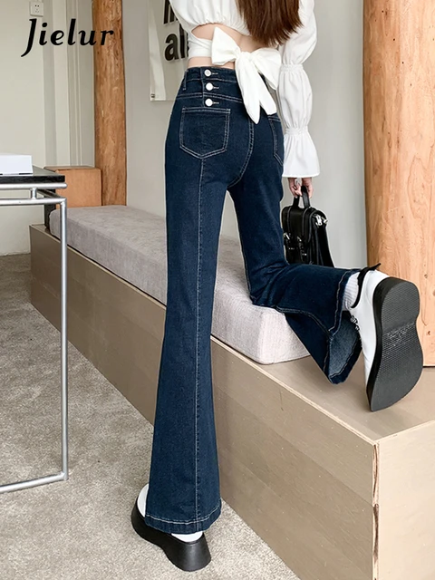 Jielur Dark Blue Flare Jeans Woman Autumn New High Waist Slim Straight  Women's Denim Pants Korean Ins Fashion Jeans Buttons S-XL - AliExpress