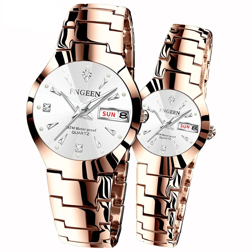 Ensembles de montres en diamant pour elle et lui, montres-bracelets d'affaires en acier inoxydable pour hommes et femmes, cadeaux de couple pour les amoureux