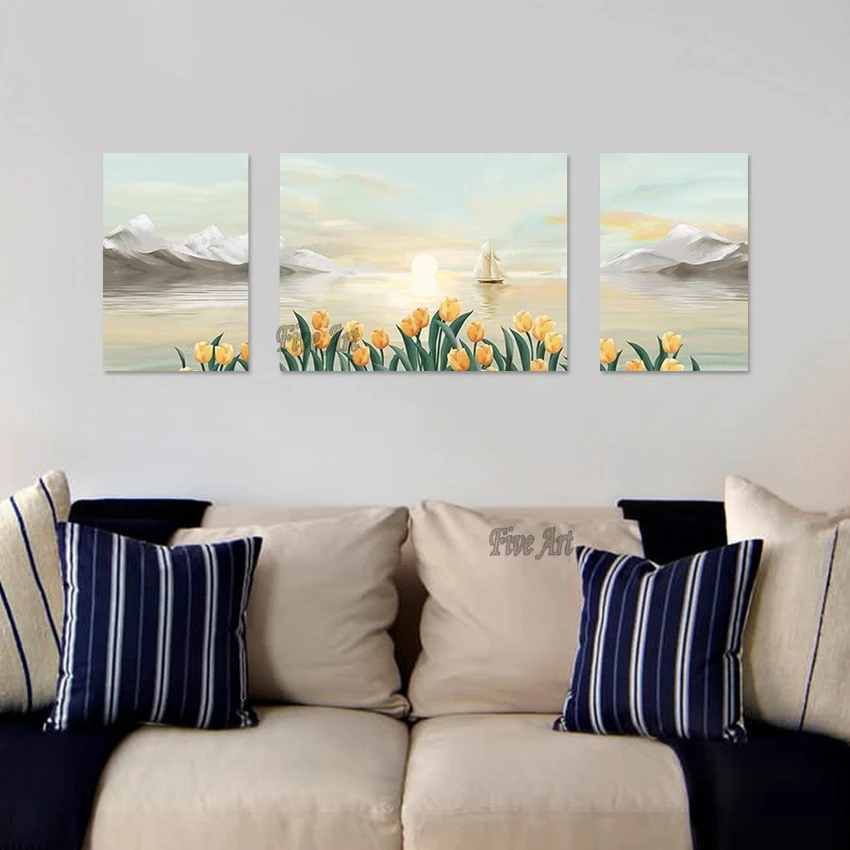 

3PCS Abstract Canvas Art Seascapes With Boats 3d Beautiful Picture Scenery Hand Drawing Frameless Sunset Painting Flowers Wall