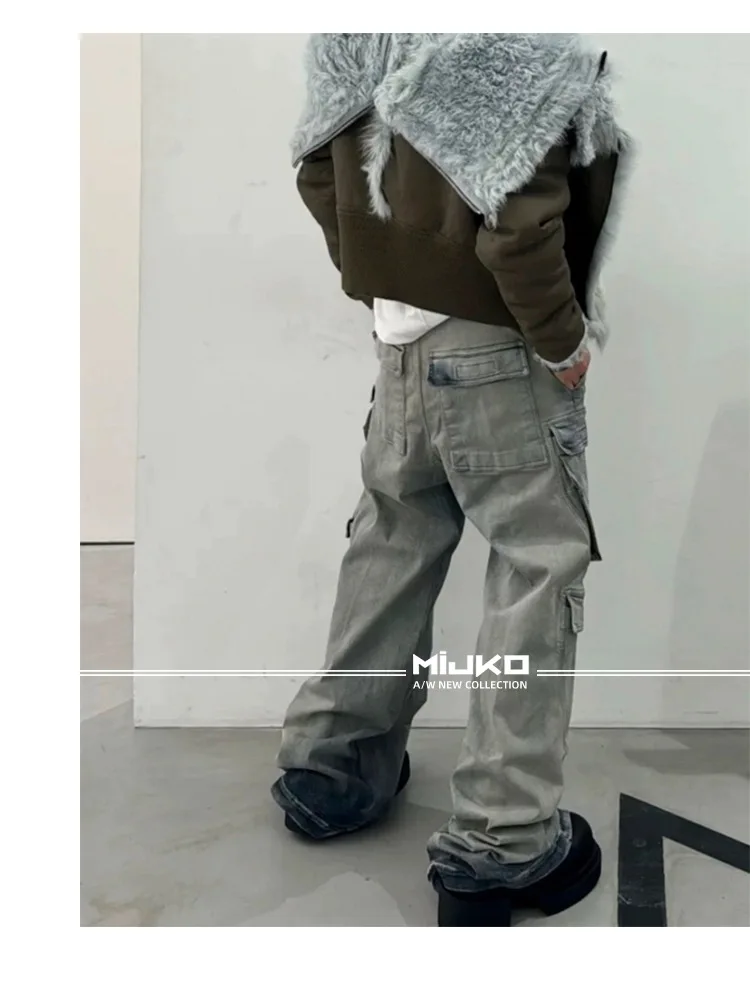 MIJKO Design Jeans High Quality Multi-Pocket Zipper Drawstring Wide Leg Baggy Jeans Men High Street Denim Trousers XXL XL L M 4