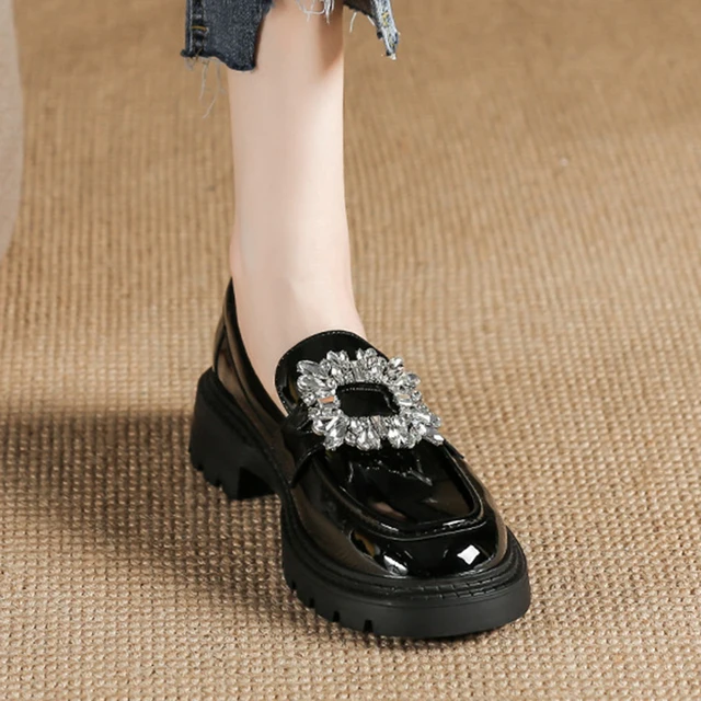 Zapatos con hebilla y diamantes de imitación para mujer, mocasines planos de suela gruesa de cuero Oxford japonés, informales, sin cordones, Lolita. - Image 5