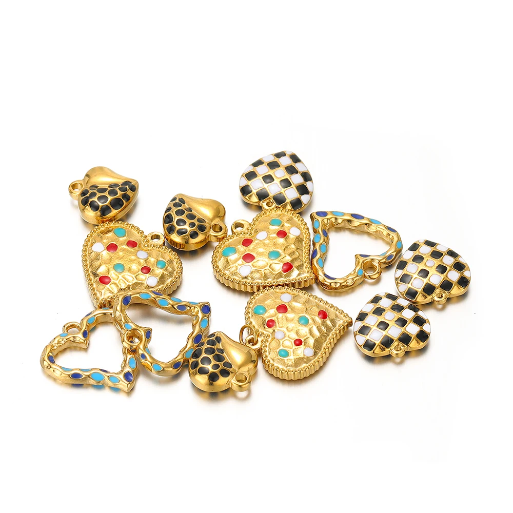 5pcs Stainless Steel Heart Enamel Charms for DIY Jewelry