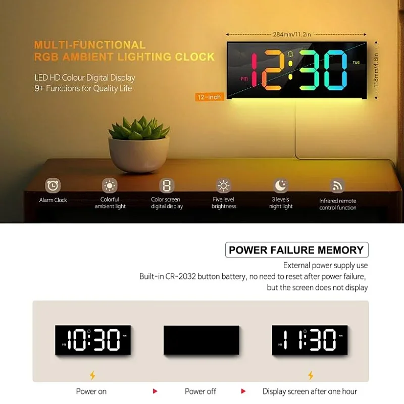 RGB Large Digital Wall Clock Date With Remote Control RGB Mood Light Table Clock 12/24H DST Power-off Memory LED Alarm wall clock digital wall clock