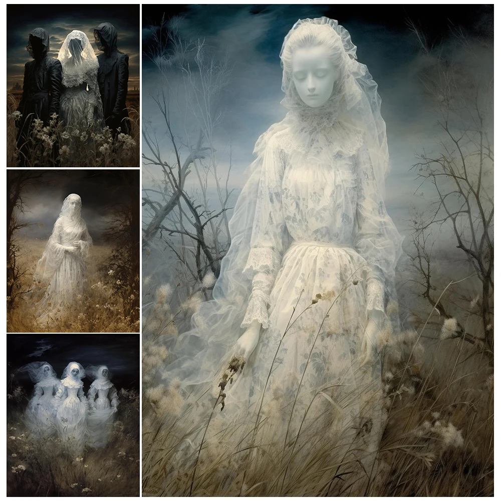

The Ghost Lady In The Autumn Grass,Vintage Wall Art Canvas Painting Gothic Dark Ghost Girl Art Poster And Print Home Decoration