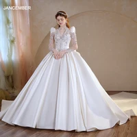 Jancember Romantic Customization Wedding Dresses For Women Sequins V-neck Full Sleeves Beading Bow Button Robe Mariage LSMX033
