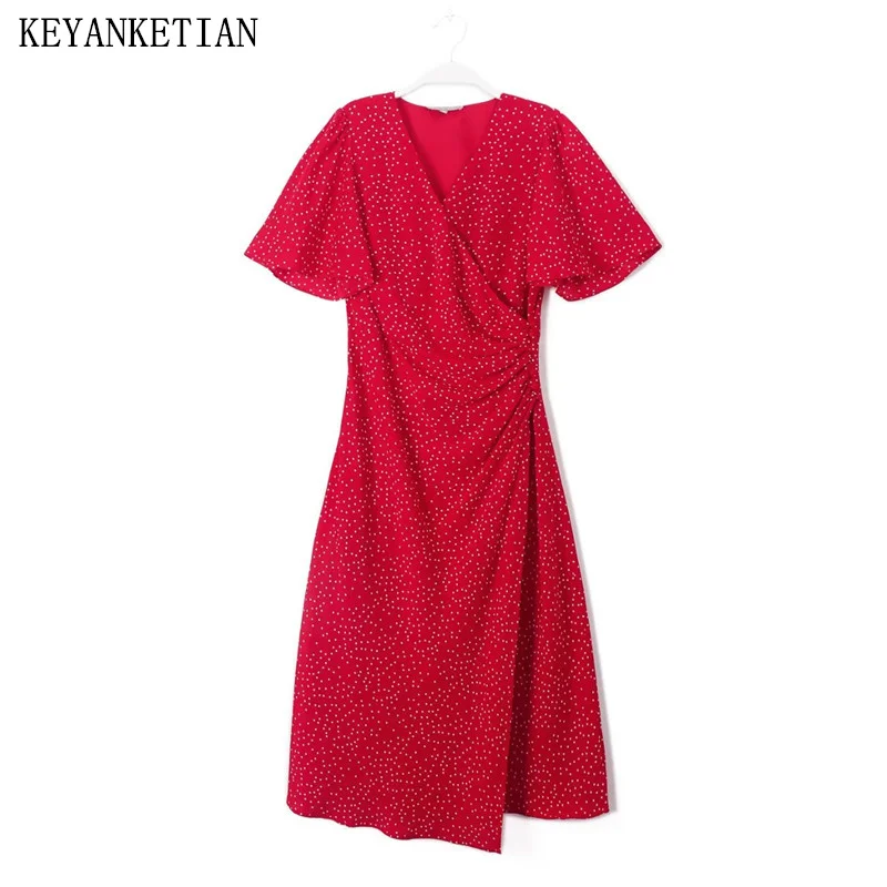 

KEYANKETIAN Women's Polka Dot Print Dress New Summer French Style V-collar Flared Sleeves Button-Down Slim Red MIDI Dress