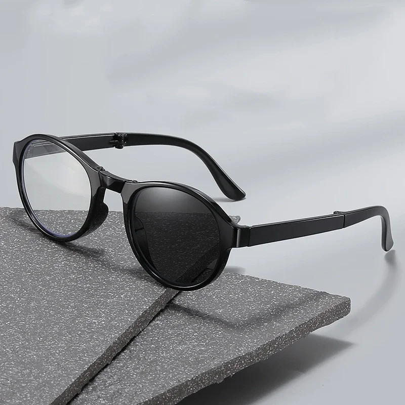 Folding Photochromic Reading Glasses with Box Men Round Frame Color Changing Foldable Eyewear Women Popular Far Sight Sunglasses 3