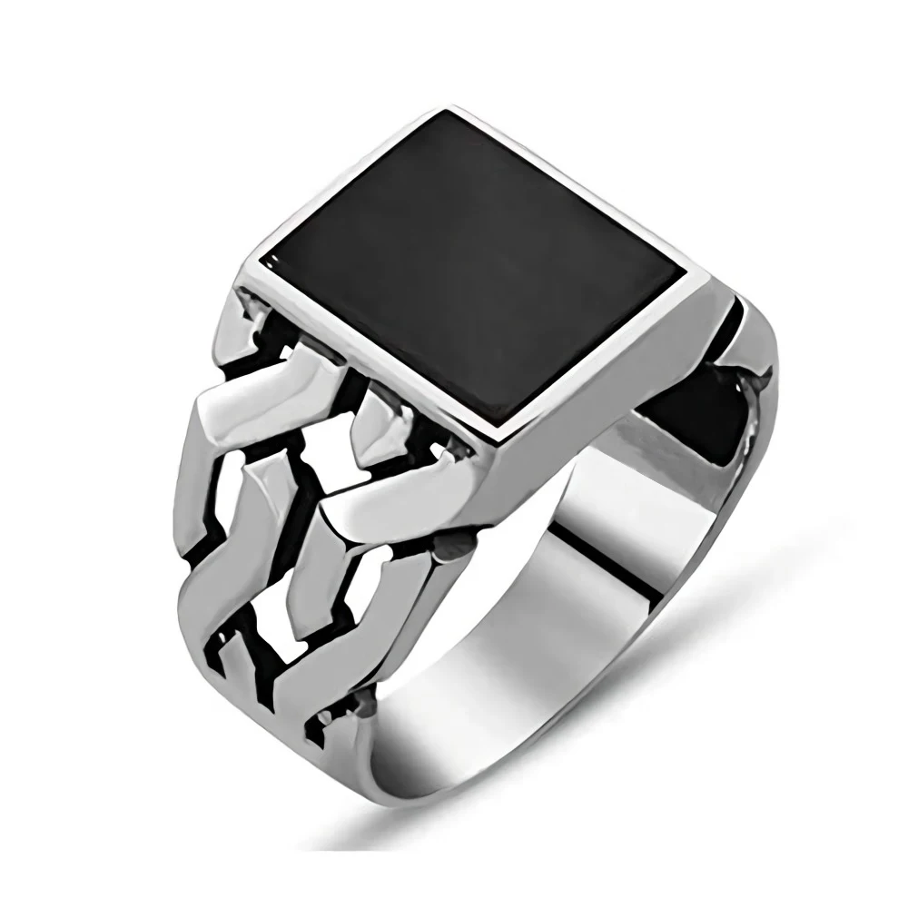 Fashion Men's Black Red Square Drop Glaze Hollow Ring Silver Vintage Punk Bike Party Jewelry