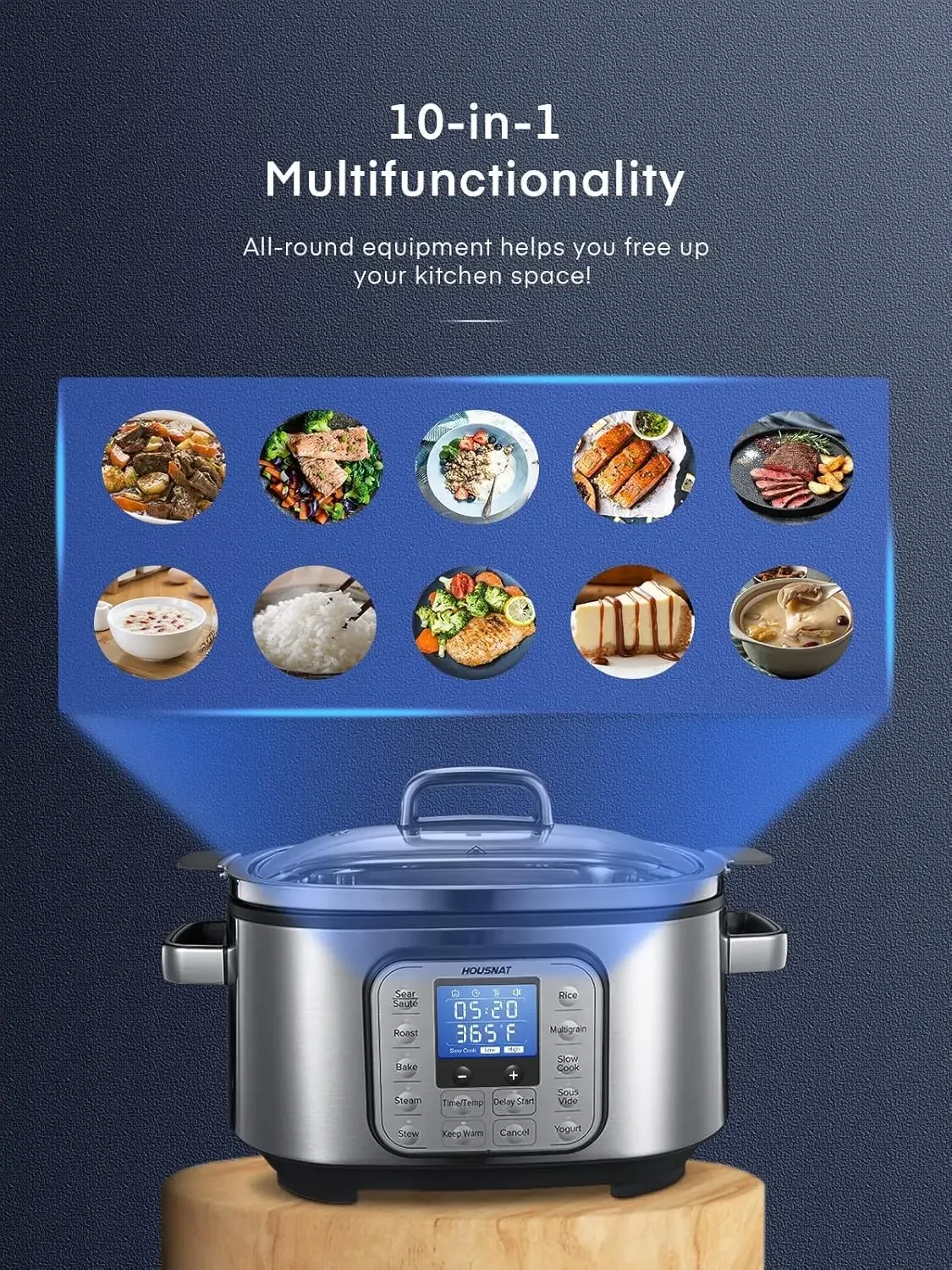 Slow Cooker, HOUSNAT 10 in 1 Programmable Cooker, 6Qt Stainless Steel, Rice Yogurt Maker, Delay Start, Steaming Rack