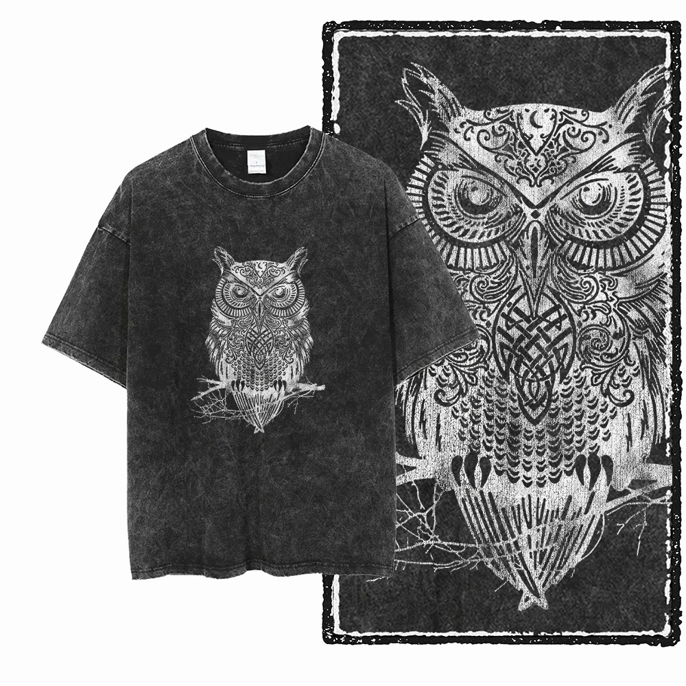 DH OWL Bedrucktes 100% Baumwoll-T-Shirt mit Säurewaschung, Exklusives Grafik-Design, Unisex, Cooles Vintage-Streetwear, Herren-T-Shirts in Übergrößen
