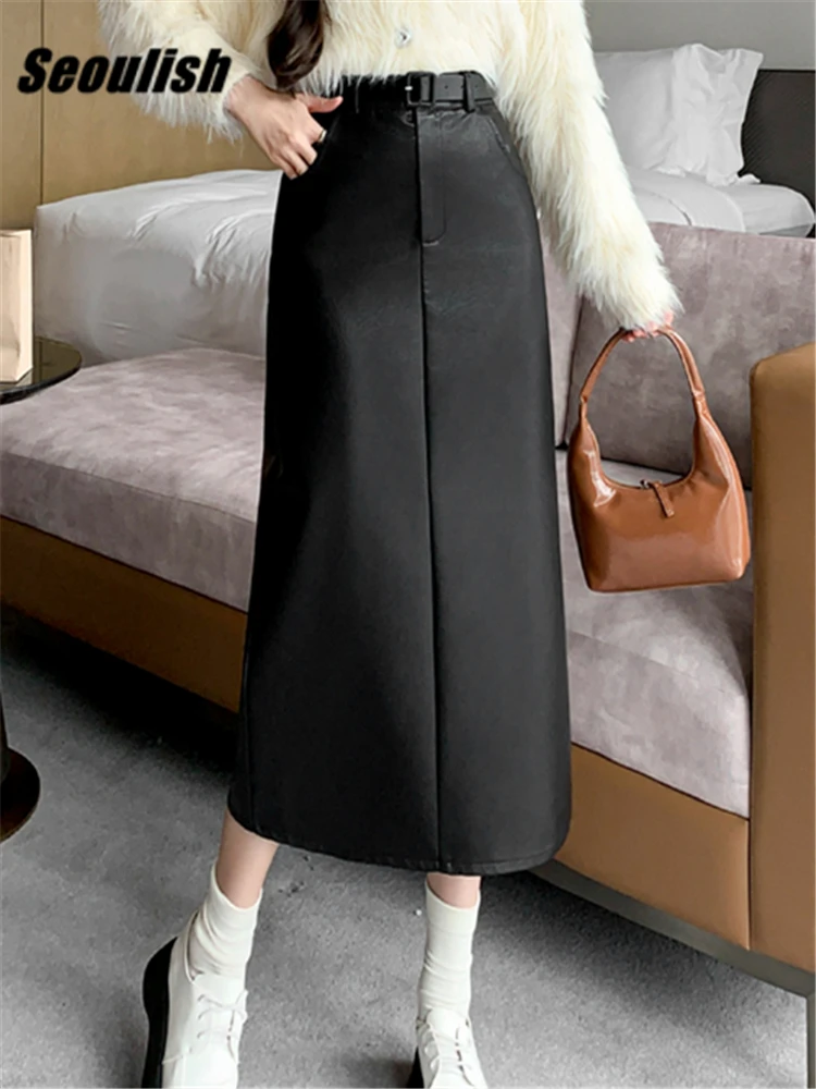 

Seoulish 2023 New Black PU Leather Women's Wrap Long Skirts with Belted Autumn Winter Vintage High Waist Straight Skirts Female