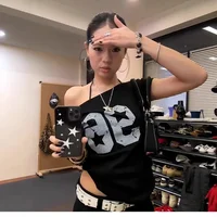 American Style Spicy Girl Shoulder Bared Short Sleeve T Shirt Women Summer New Digital Print Slimming Ball Game Style Top