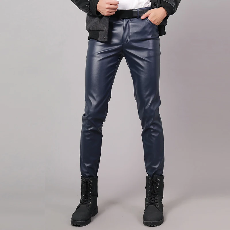 PU Leather Pants Mens Elastic Slim PU Trousers Thin Velvet Windproof Motorcycle Trousers Outdoor Work Biker Leather Pants