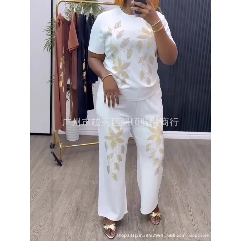2 Piece Women Set Dashiki African Clothes Summer Spring New Fashion Short Sleeve Top And Pants Suit Party Lady Matchi