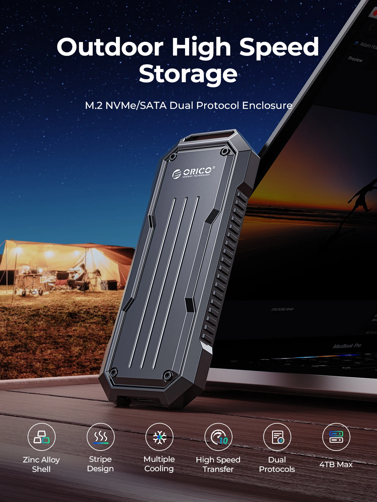 Orico-gabinete Portátil com Dissipador de Cordão para Viagens ao ar Livre Liga de Zinco M.2 Nvme Sata Ssd Case Externo 10gbps - Imagem 6