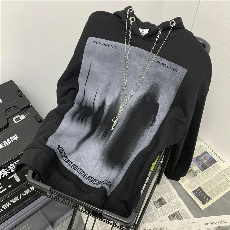 

American Style Street Gothic Hoodie Hip Hop Fashion Iron Chain Drawstring Design Pullover Shirt Hoodies Male Sweater Y2k Tops
