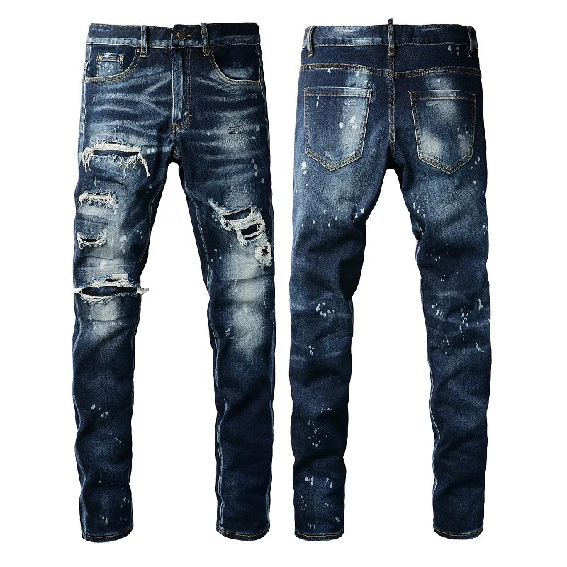 Washed and Made Old Cat Whisker Patch Ripped Elastic Slim Pants Ink Splashing Jeans for Men