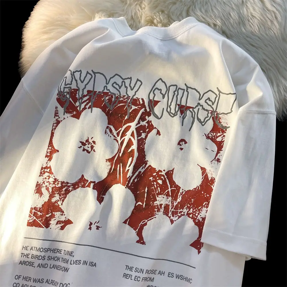 

Rifeng Creative Cherry Blossom Print Short Sleeve T-shirt for Men and Women Summer INS Loose Oversize Couple Half Sleeve Top