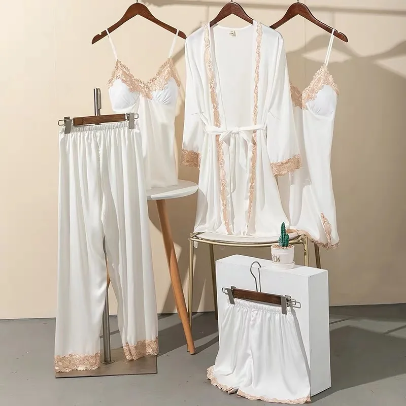 

5pcs V-Neck Nightwear Pajamas Sets Bride Wedding Nightwear Sexy Womens Lace Sleepwear Sleep Suit Spring Casual Satin Pijamas