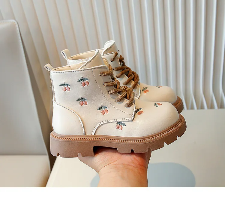 Stivaletti alla caviglia per bambini dolci, con ricamo, in pelle, per bambini, primavera, autunno, moda versatile, con lacci, per ragazze, corti, stivaletti_voghion.com