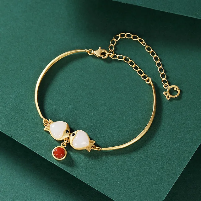 

S925 Sterling Silver Hetian jade bracelet girls give girl friend little fish and Pisces Bracelet light luxury gold plated bracel