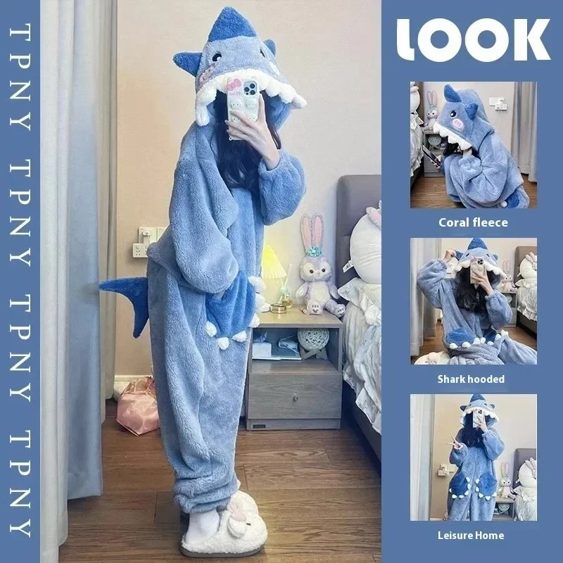 Blue Shark One-piece Pajamas Anime Cosplay Costumes Winter Coral Fleece Warm Hooded Nightgown Full Zipper Thick Onesies