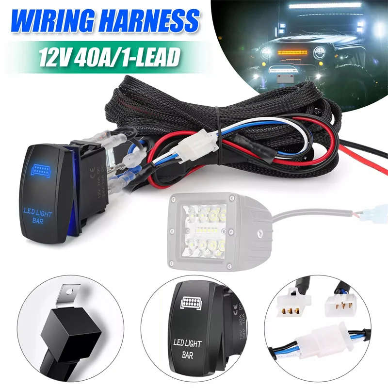12V Wiring Harness Kit For LED Light Bar – 1 Lead With Rocker Switch & Relay