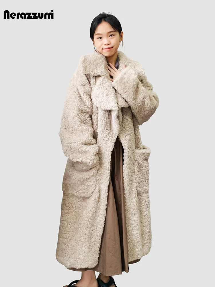

Nerazzurri Winter Long Oversized Soft Fuzzy Fluffy Faux Fur Coat Women Pockets Lapel Loose Casual Chic Korean Fashion 2023