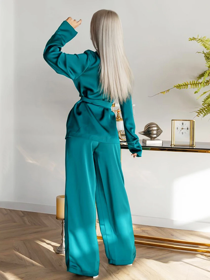 Marthaqiqi Fashion Female Sleepwear Set Turn-Down Collar Pajamas Long Sleeve Nightwear Lace Up Pajamas Pants Women Nightie Suit