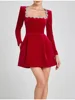 Red Velvet Square Collar Long Sleeve Mini Dress Elegant High Waist A-line Beaded Dresses Lady Christmas Evening Party Vestidos ﻿ 1
