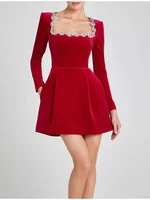 Red Velvet Square Collar Long Sleeve Mini Dress Elegant High Waist A-line Beaded Dresses Lady Christmas Evening Party Vestidos ﻿ 1
