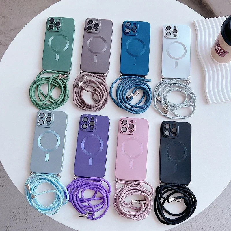 Magnetic Crossbody Shockproof Phone Case with Matte Finish and Lanyard Strap