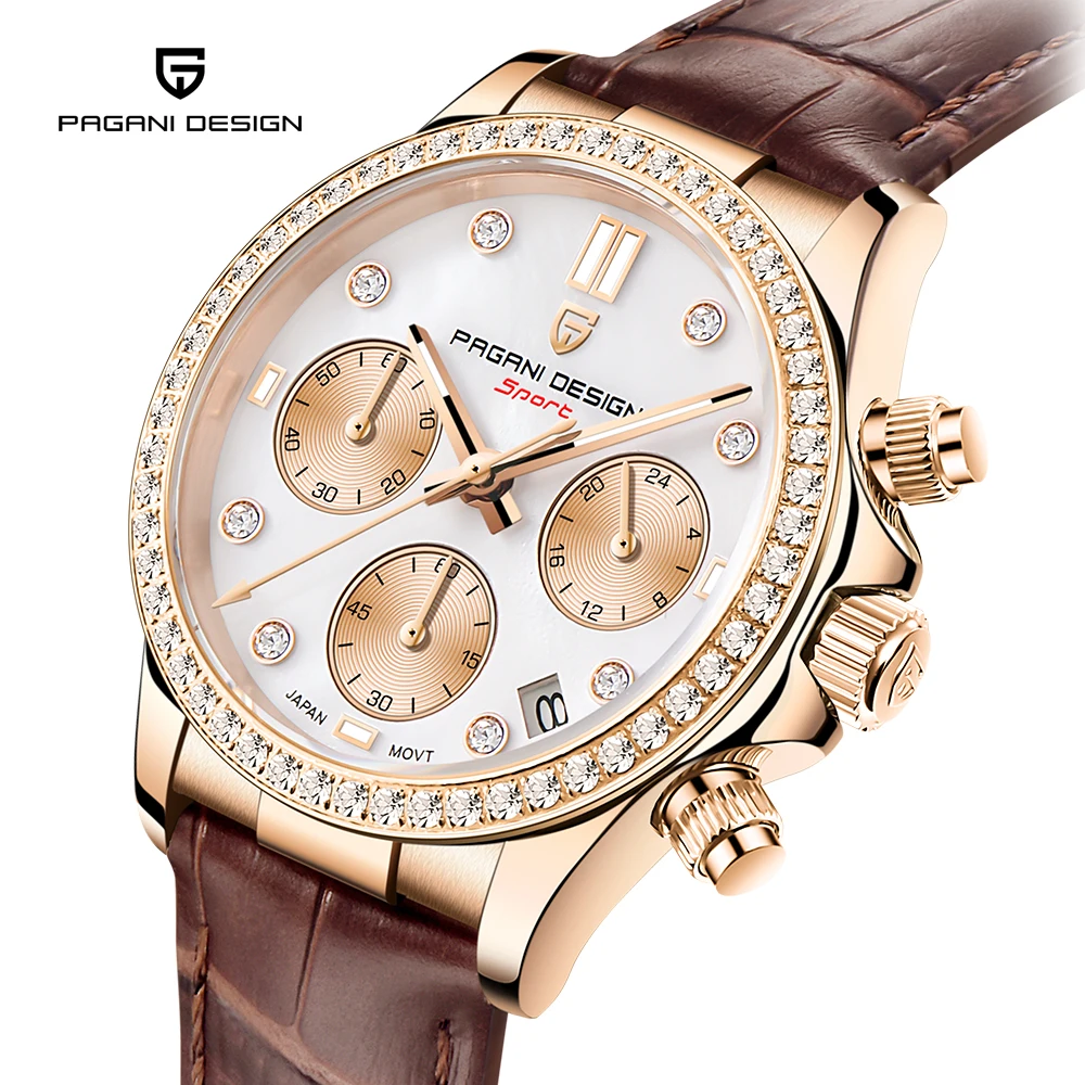 PAGANI DESIGN Women's Watches Gold Quartz Wristwatches Chronograph Watch For Women Leather Waterproof Sapphire Glass Reloj Mujer