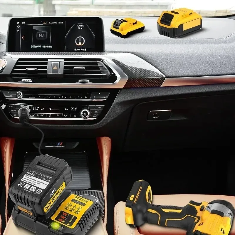 DeWalt 12V/20V 리튬 이온 배터리용 휴대용 DCB112 차량용 충전기, DCB200 DCB612용 시가 라이터 플러그 LED 표시등 포함