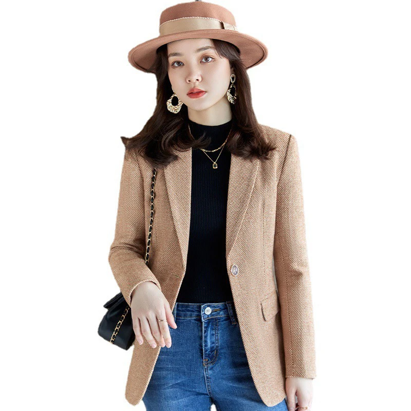 

High Quality Women's Blazer 2022 Winter Striped Notched Single Button Wool Jacket Office Ladies Work Wear Coats Female Outwear