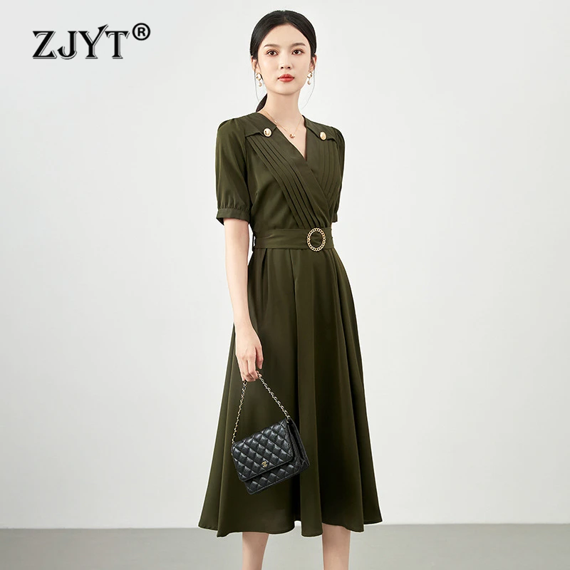 

ZJYT Summer Dresses for Women Fashion Short Sleeve V Neck Solid Brief Casual Midi Dress Elegant Woman Clothes Blue Vestidos