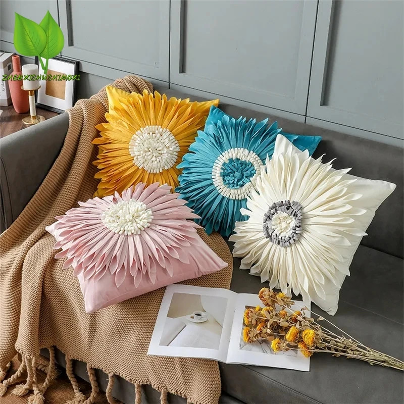 

Modern Style Pink White Throw Pillows, Velvet Stitching, 3D Chrysanthemum, Waist Pillow, Blue Cushion Case, 45x45cm