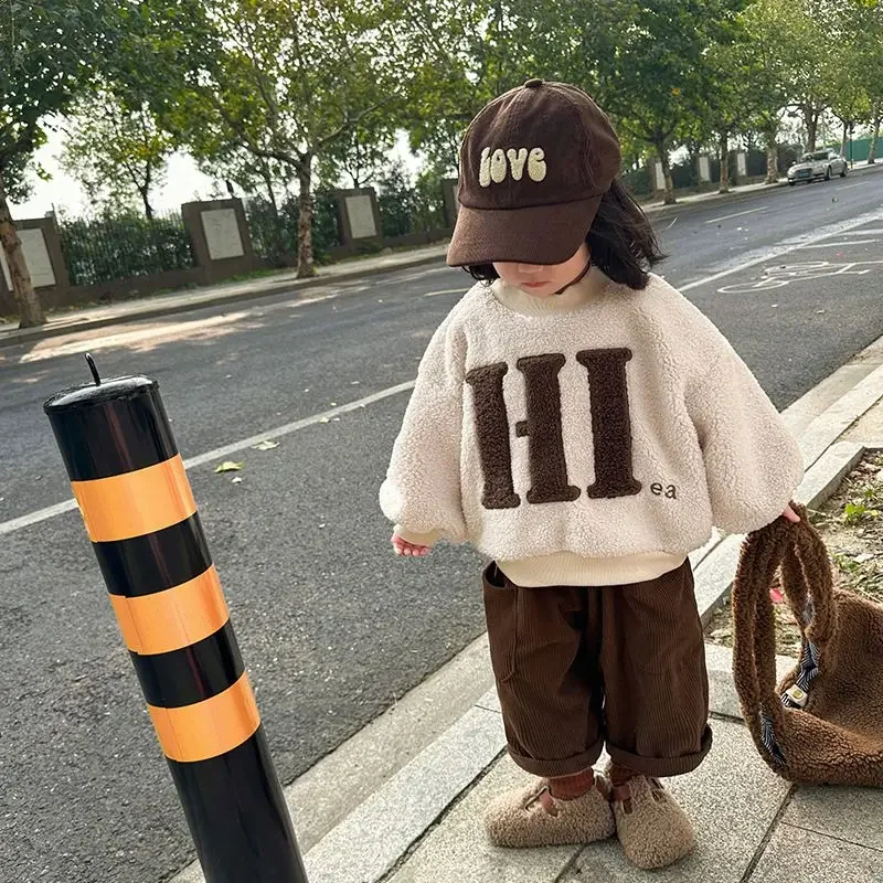 

Korea Winter Children's Lamb Cashmere Sweater Plush Children's Sets Thicken Clothing Casual Top Pants for Boys Girls
