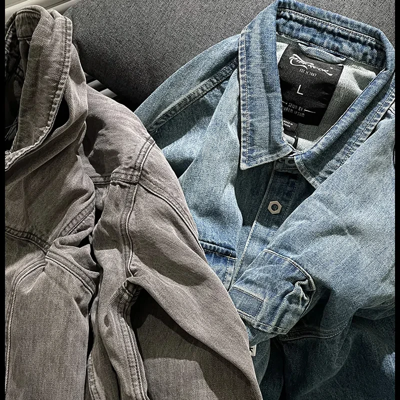 Denim Shirt Long Sleeved Shirt Spring and autumn American vintage heavy wash vintage color pocket loose for men