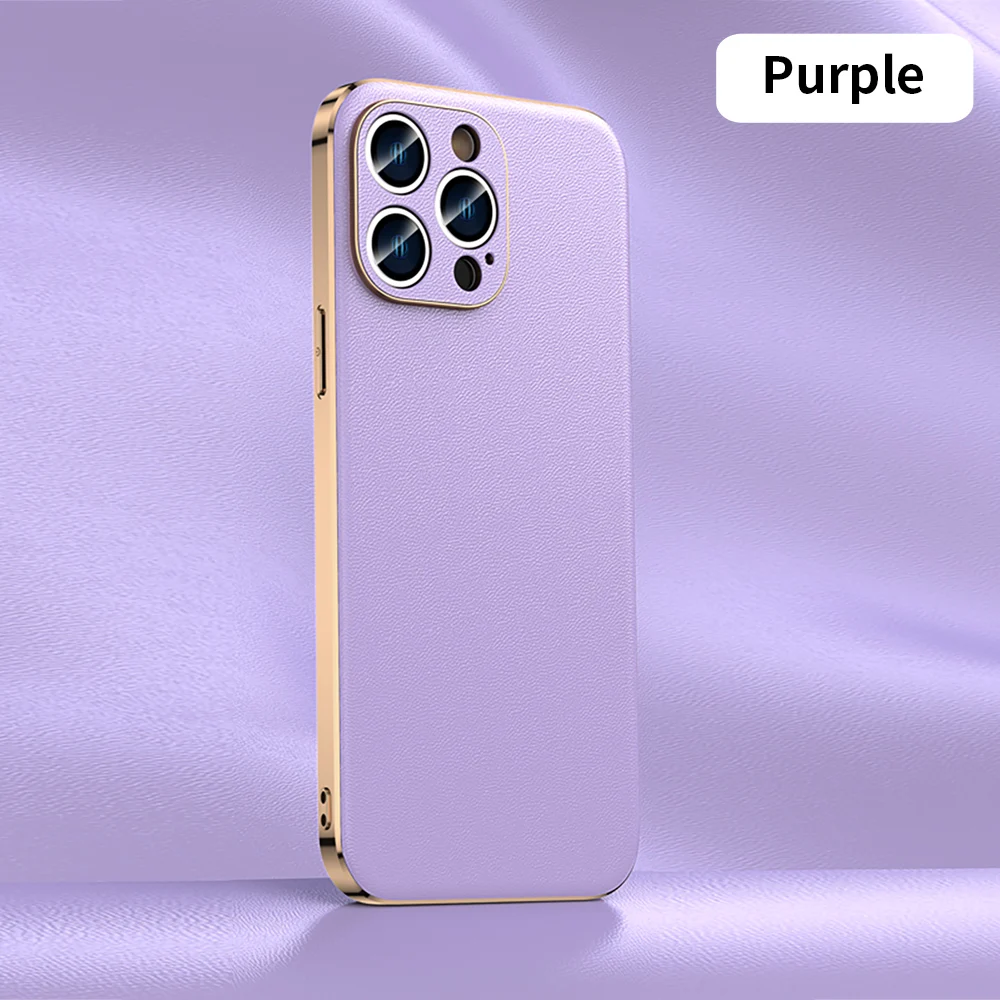 Luxury Genuine Cowhide Leather Phone Case with Full Lens Protection and Elegant Plating Design