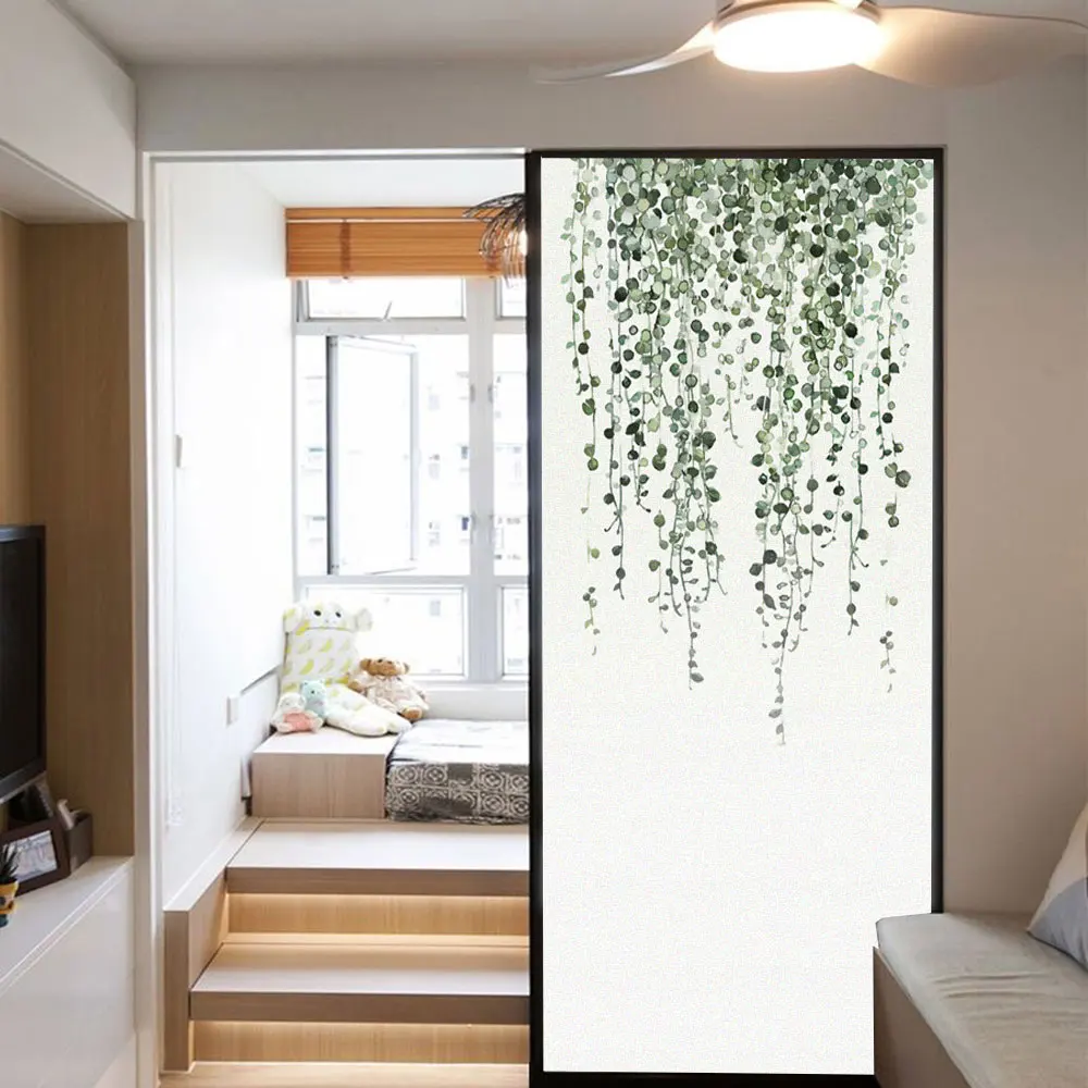 

Static Cling Privacy Window Film Heat Control Anti UV Blocking Window Stickers Green Plants Pattern Frosted Glass Film
