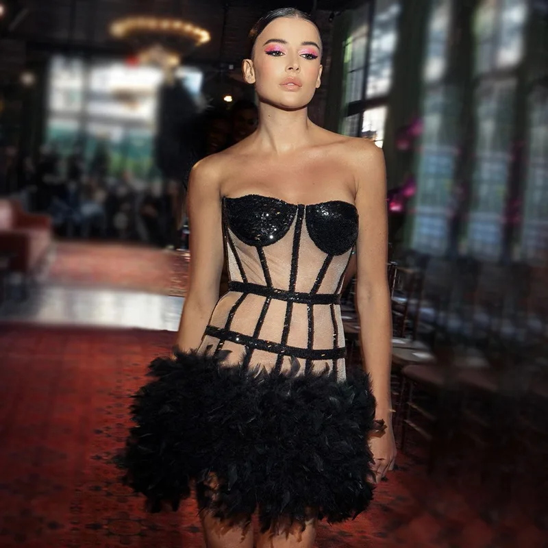 

2022 Summer Women's Striped Sequins Wrapped Fishbone Pattern Flesh-colored Gauze Feather Cake Dress