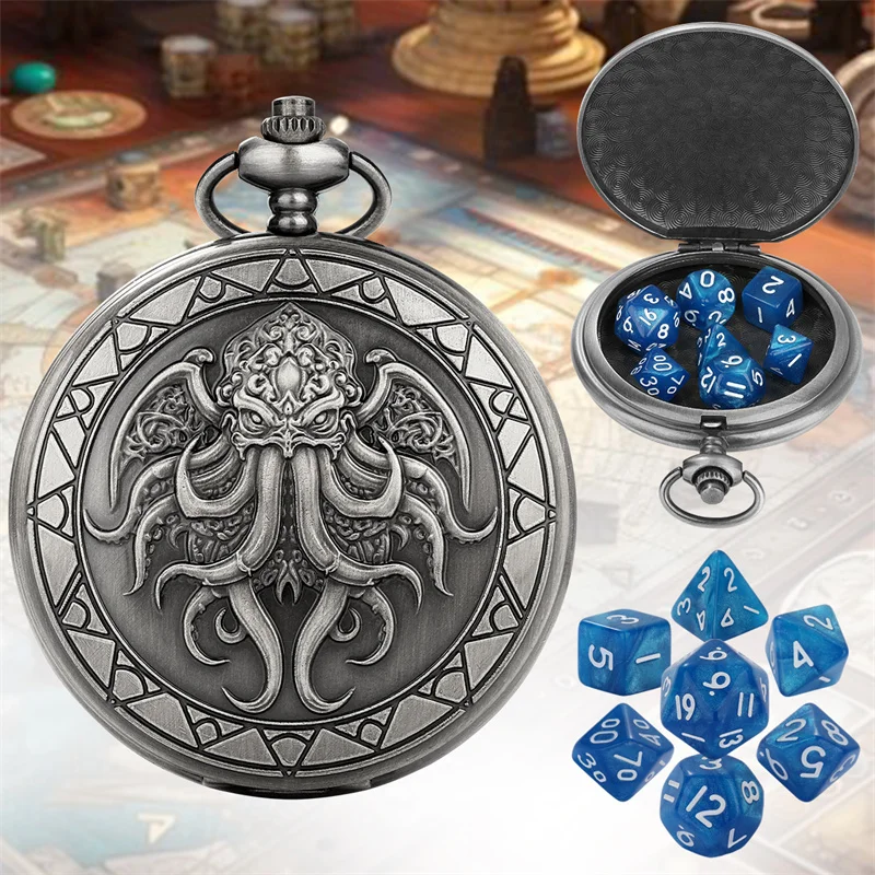 7 teile/satz Winzige Größe Acryl Würfel mit Bronze Geflügelte Cthulhu Muster Taschenuhr Fall Anhänger Kette Rolle Spielen Gaming Zubehör – Detail 2