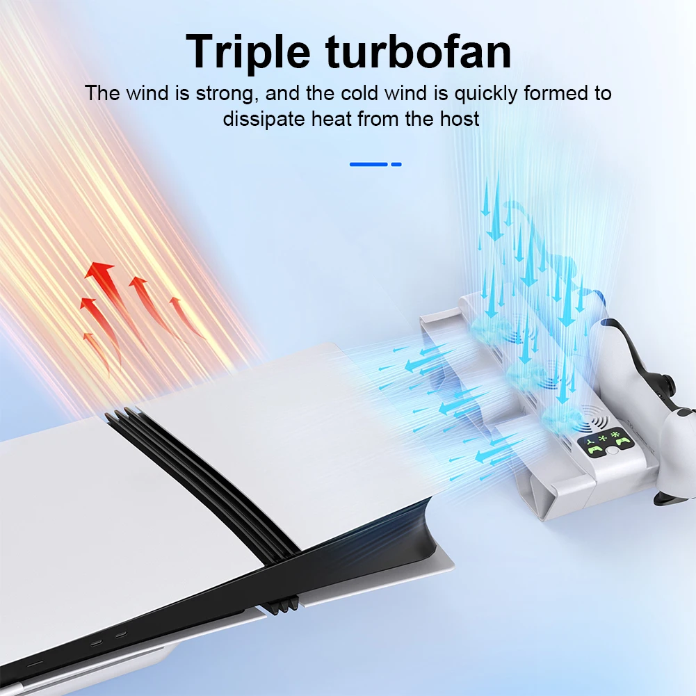 Horizontal Charger Station Cooling Stand for PlayStation 5 Slim/PS5 Pro Games Consoles Cooling Stand with 3-Level Fan